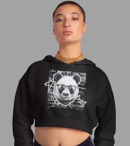 panda Crop Hoodies Black