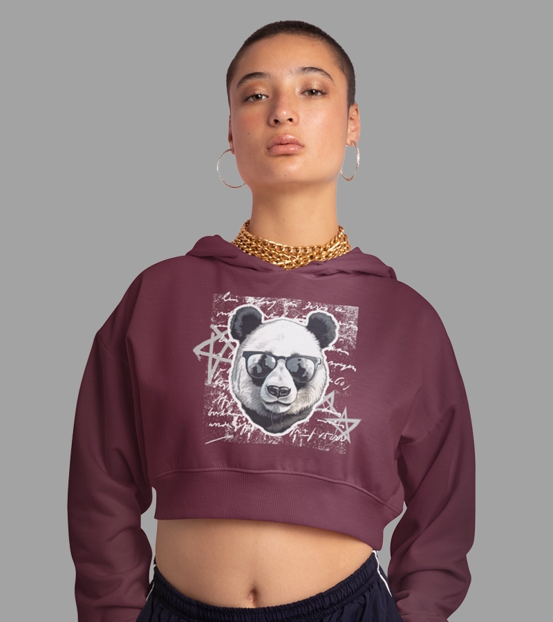 panda Crop Hoodies Maroon